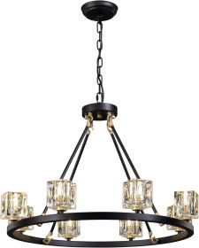 Black Wagon Wheel Chandelier, 8-Light Farmhouse Crystal Chandeleirs With Adjustable Height,Ceiling Hanging Light Fixture Pendant Lights For Living Roo