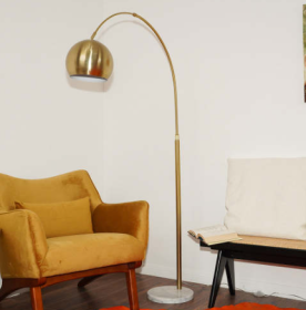 Oasis Long Arm Gold Brass Adjustable Floor Lamp With Round White Marble Base