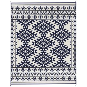Reversible Outdoor Rug, Waterproof Plastic Straw With Carry Bag, 8 X 10, Blue  White Rhombus Border