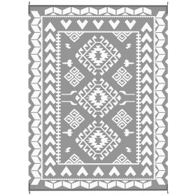 Reversible Outdoor Rug, Waterproof Plastic Straw With Carry Bag, 9 X 12, Gray & White Rhombus Patchwork