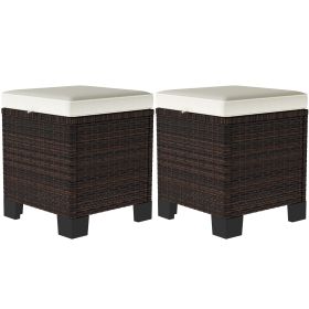 2 Piece Wicker Outdoor Ottomans With Cushions, Rattan Ottoman Footrest And Side Table For Patio, Yard, Poolside, Beige