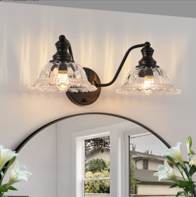20 Inch 2-Light Vintage Bathroom Wall Sconce - Elegant Black Metal And Glass Lampshade Vanity Light Fixture For Bathroom, Hallway, Or Bedroom Bulb Not