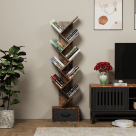 9 Tier Tree Bookshelf With Drawer Bookcase, Modern Book Storage, Free Standing Tree Bookcase, Utility Organizer Shelves For Home Office, Living Room,