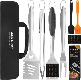 Grilljoy 8PCS Heavy Duty BBQ Grill Tools Set With Extra Thick Stainless Steel Spatula, Fork, Tongs & Cleaning Brush - Complete Barbecue Accessories Ki (Option: Black-Premium Stainless Steel)
