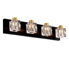 4-Light Matte Black Gold Bathroom Light Fixtures, Modern Vanity Lights With Crystal Glass Shade, Vintage Light Fixture Bathroom Over Mirror Wall Light (Color: Gold)